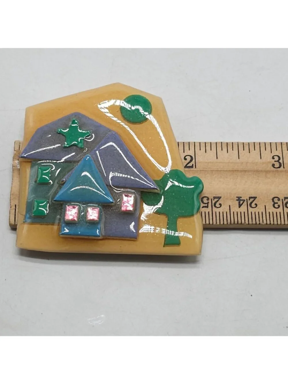 Handmade Lucinda House Pin Brooch Colorful 3D Design Tree & Star
